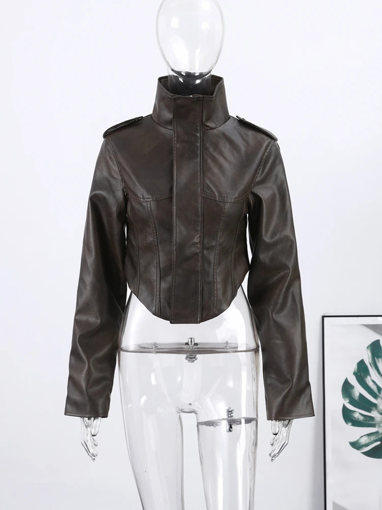 2026 Spring Womens Cropped PU Leather Jacket Stand Collar Long Sleeve Zipper Jackets Fashion Lady Retro Moto Biker Coat Outwear 251231