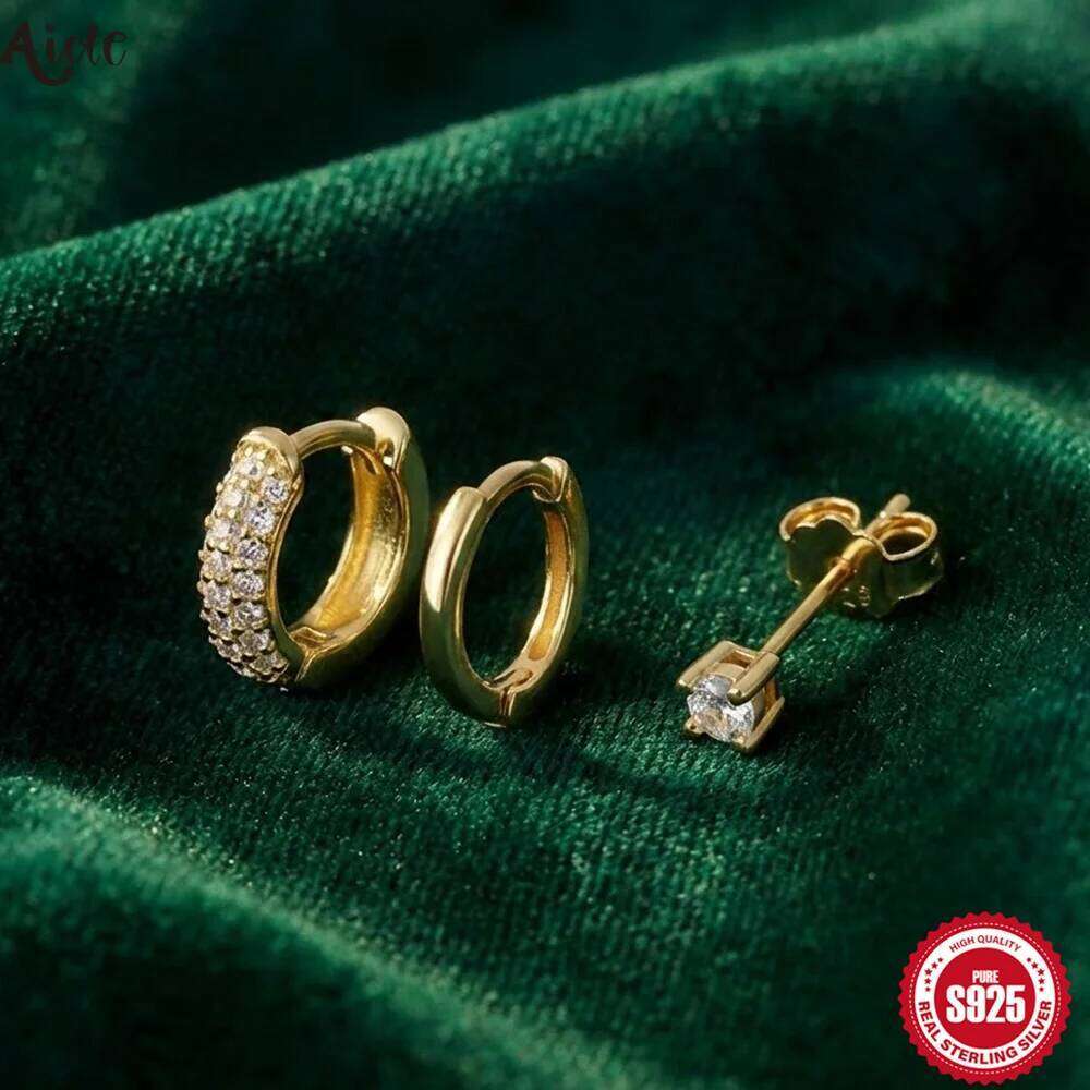 Aide Gold Stud Earrings Set Women 3pcs Huggie Hoop Stack for Multiple Piercing Hypoallergenic 925 Sterling Silver Jewelry