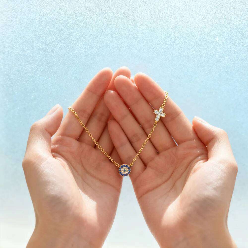 Aide Blue Crystal Eyes Pendants Classic Fashion 925 Sterling Silver Gold Color Necklace For Women Lucky Cross collars Jewelry
