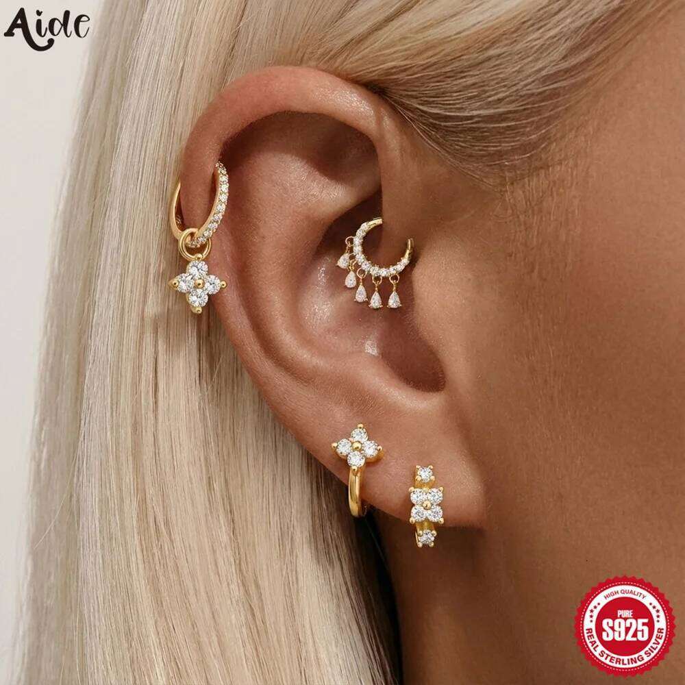 Aide 1piece S925 Sterling Silver Zircon Tassel Drop Cuff Hoop Earrings Fo Women Multi-Use Piercing Jewelry for Ear & Nose