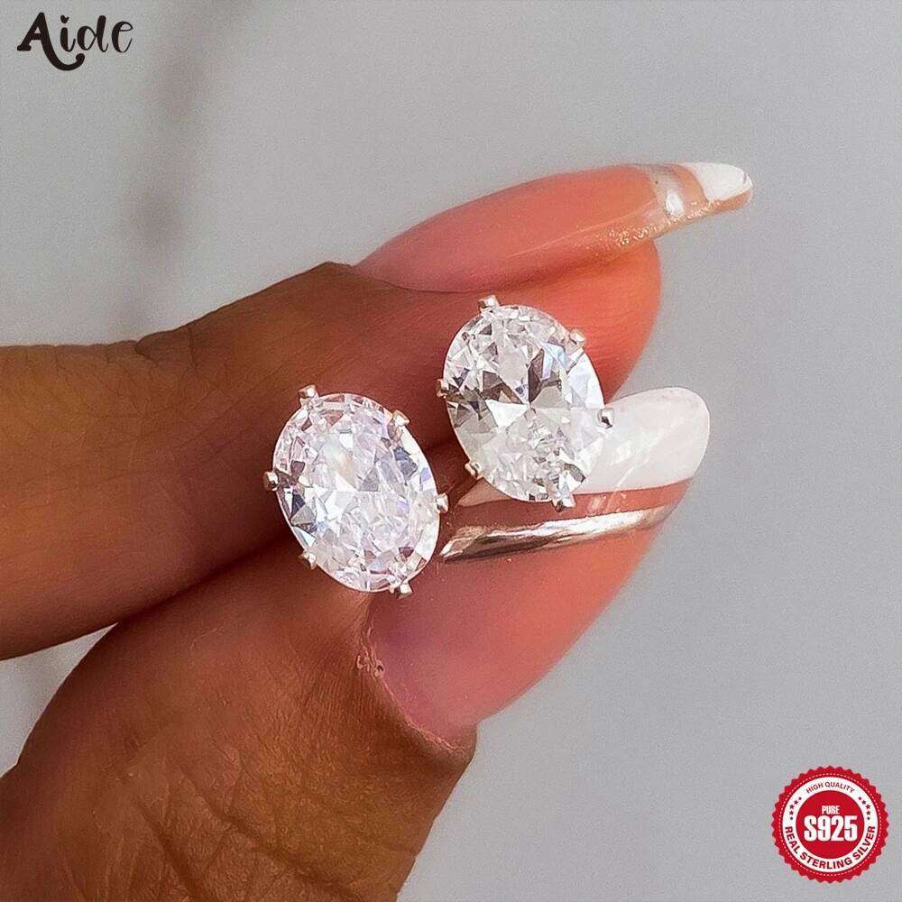 Aide Ear Stud Earrings for Women Girls 925 Sterling Silver Sparkling 6-Claw Diamond Elliptical Piercing Earring Fine Jewel 1pair