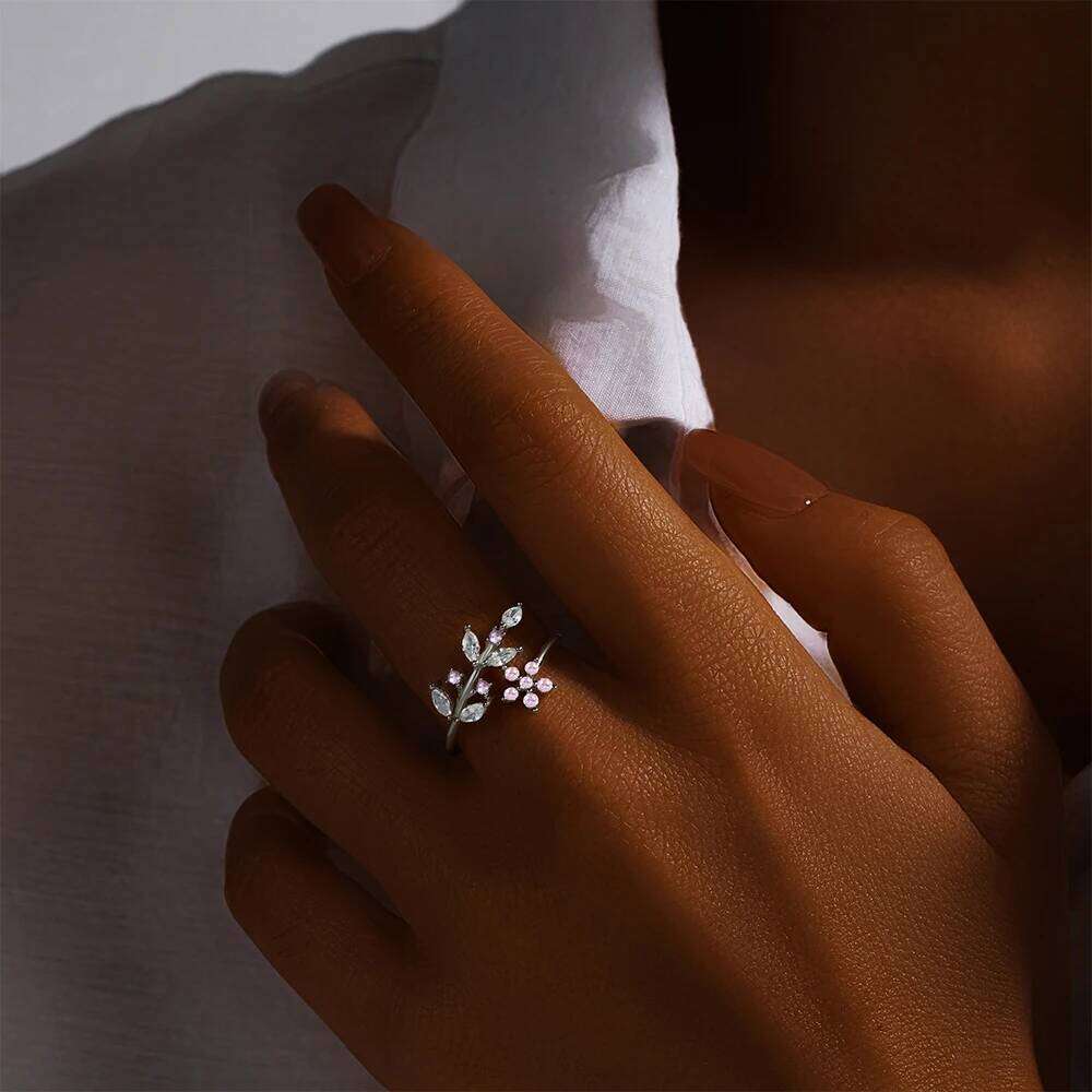 Aide 925 Sterling Silver Flower Twine Leaf Pave Zircon Adjustable Ring For Women 18k Gold Fine Jewelry Engagement Wedding Gift
