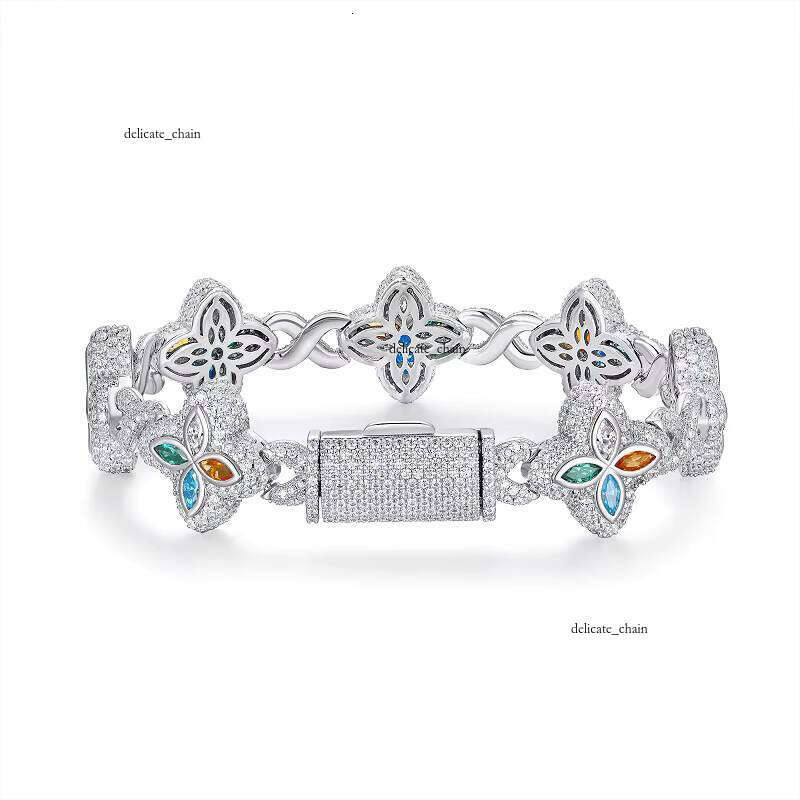 VVS Moissanite Iced Four-Leaf Clover with Colorful Gemstones S925 Silver 18k Gold Plated Hip-Hop Street Style Bracelet