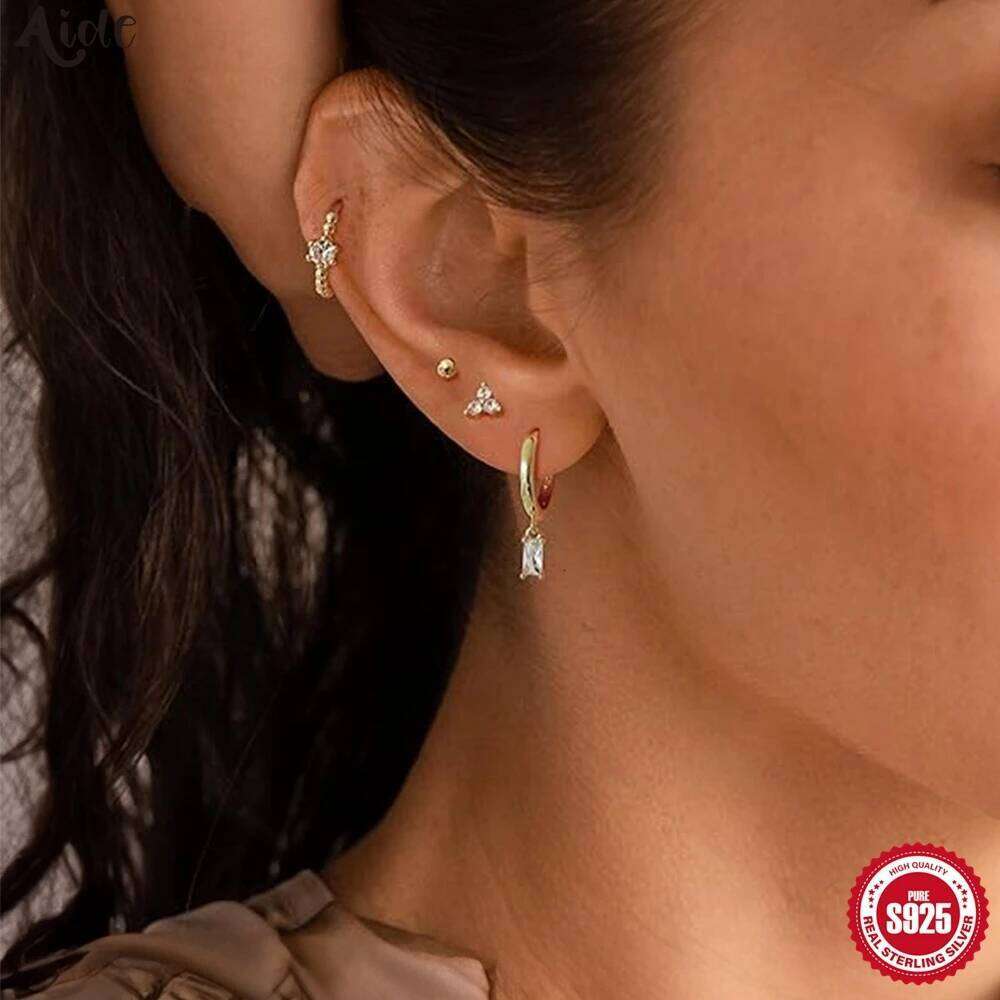 Aide 4pcs Real 925 Sterling Silver Women's Zircon Hoop Earring Delicate Handmake Daily Wear Studs Accessory Fine Jewelry Set