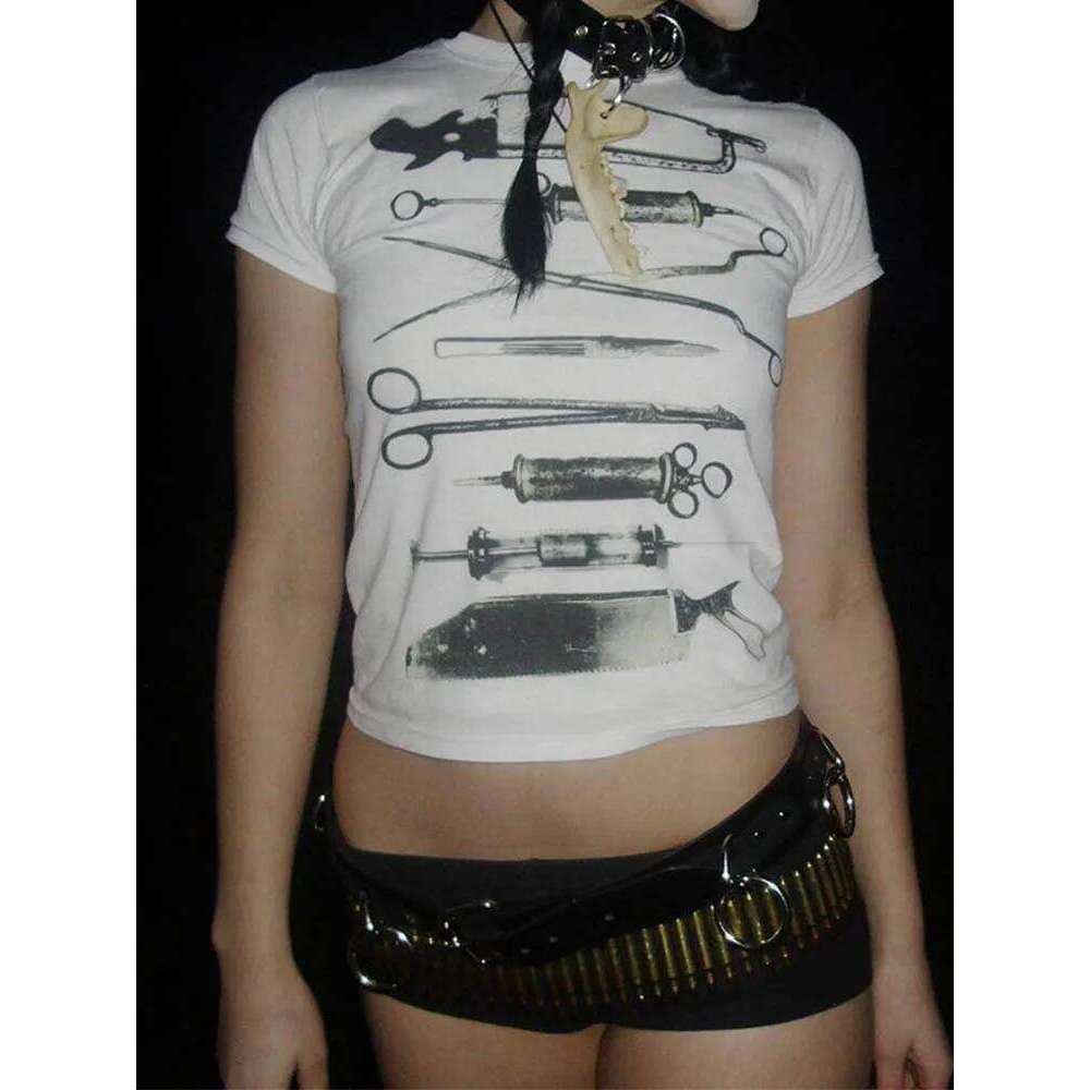 Dark Printed Cropped T Shiirt Gothic Casual Slim O-Neck Short Sleeve Tees Women 2024 Summer Fashion Streetwear Ladies