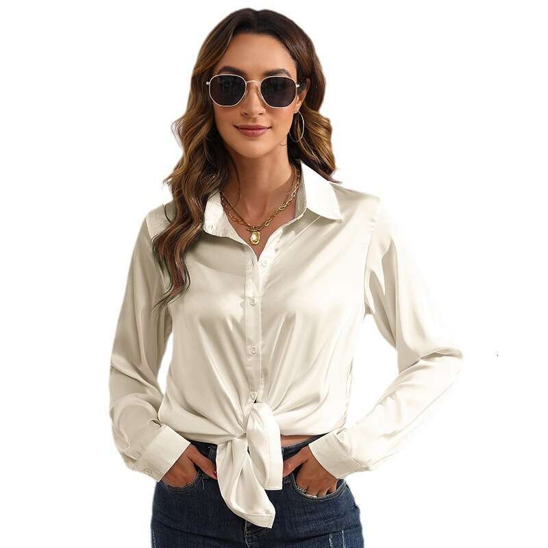 2026 Spring Autumn Hot-Selling Real Shot European and American Cross-Border Women's Solid Color Satin Long Sleeve Blouse