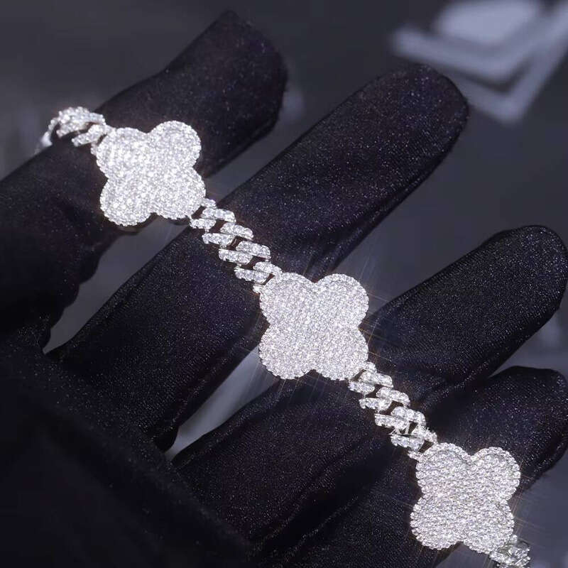 Iced Out Cuban 925 Sterling Silver VVS Moissanite Diamond Four Leaf Clover Bracelet 3mm 4mm Tennis Chain