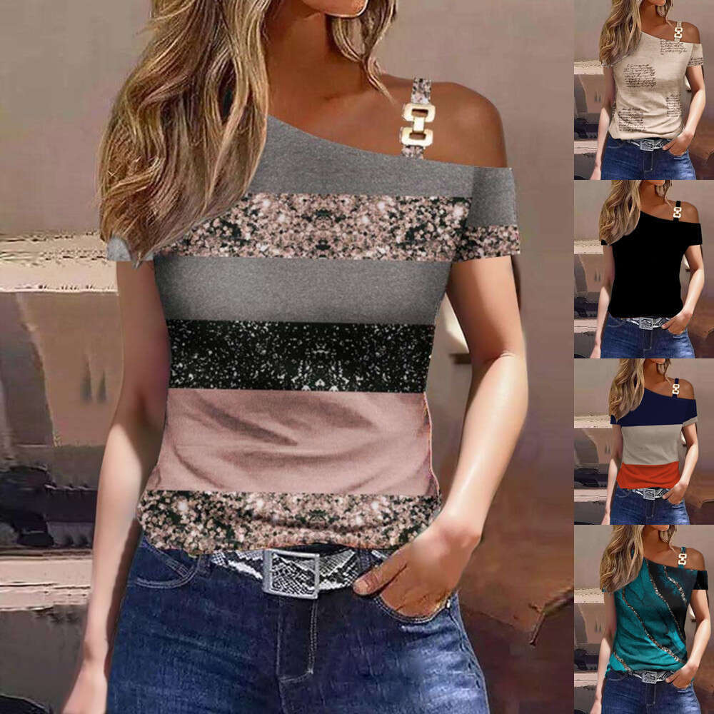 2026 Hot Style Summer Simple Short Sleeve Metal Button Printed Top T-Shirt Women's Fashion