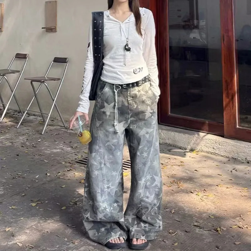 Camouflage Star Fashion Loose Straight Wide Leg Pants Women High Street Trend Clothing Casual 251231