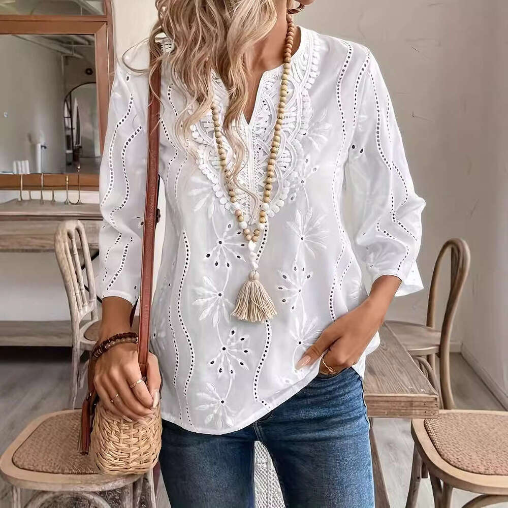 European and American Cross-Border Autumn New Loose V-Neck Elegant Commuter Embroidered Flared Sleeve Lace Blouse Chiffon Shirt