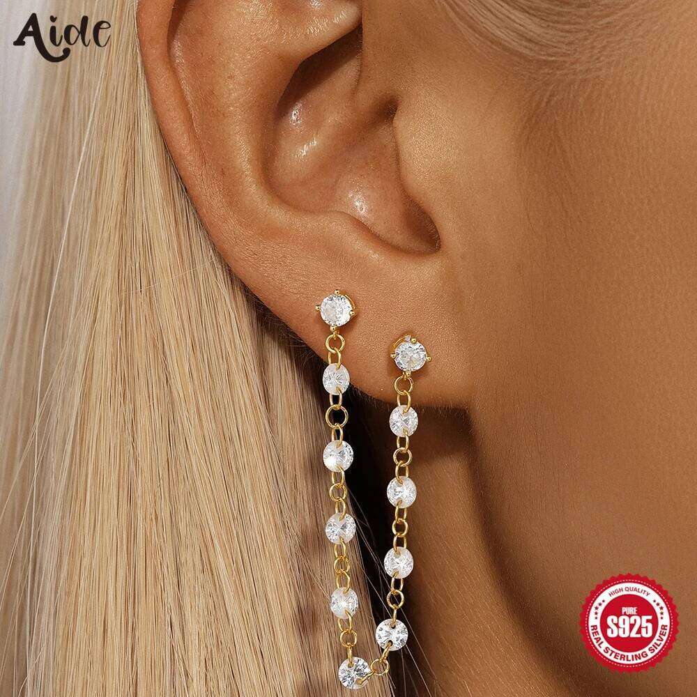 Aide Single 1pc 925 Sterling Silver Double Pierced Chain Zircon Lucky Stud Earrings Female Temperament Lover Party Birthday Gift
