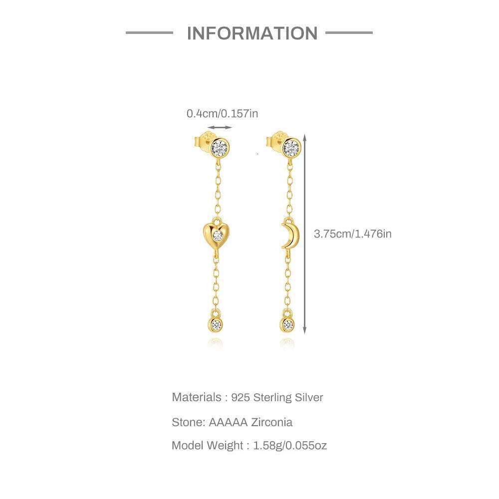 Aide 925 Sterling Silver Crystal Zirconia Moon Heart Stud Earrings Delicate Chain Dangles Ear Buckle Cartilage Piercing Jewelry