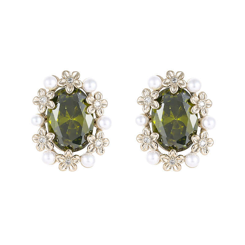 Forest Style Olive Green Gemstone Flower Floral Serenity Series Vintage Fashion High-end Earrings Versatile Ear Accessories