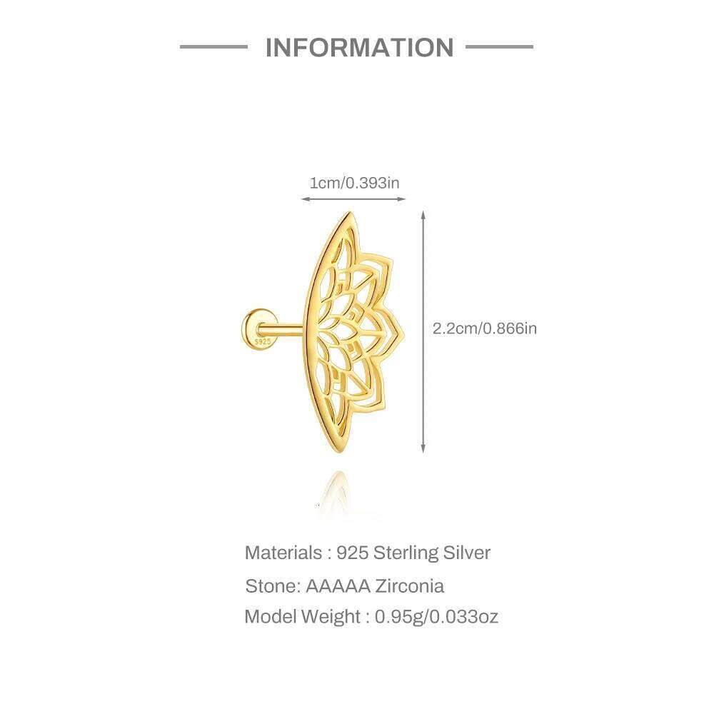 Aide 925 Sterling Silver Hollow Lotus Earrings CZ Paved Top Threaded Labret Ear Stud Tragus Lip Ring Body Piercing Jewelry