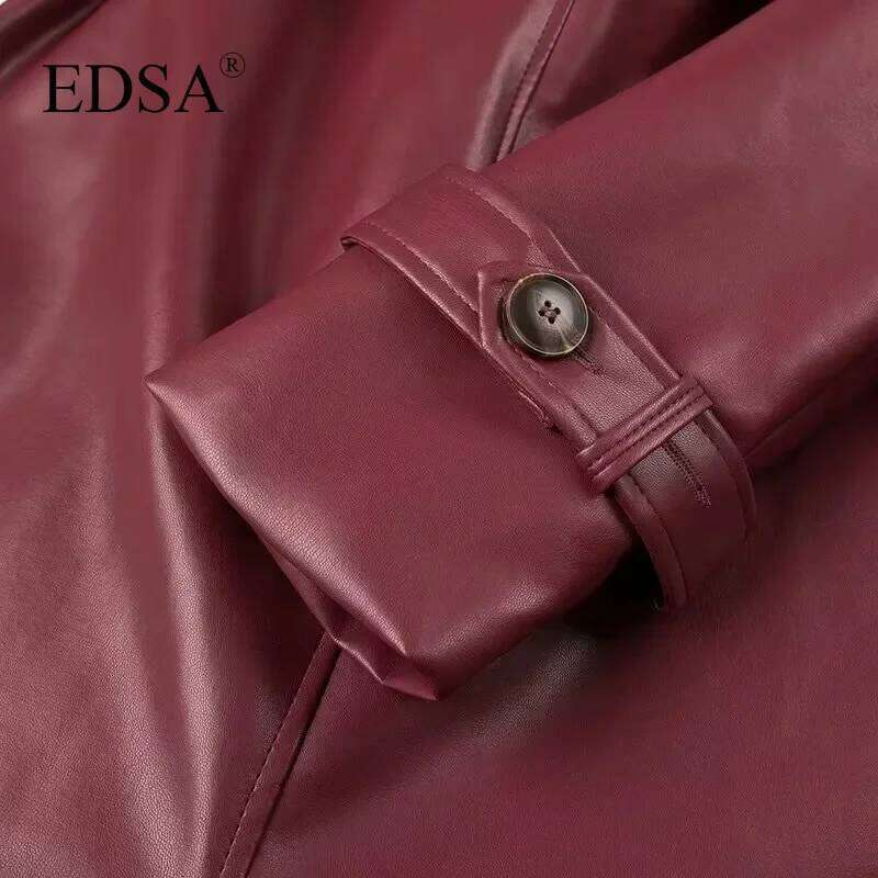 EDSA Women Luxury Faux Leather Jacket Coat With Belt For Autumn Winter Loose Long Windbreaker Trench Vintage Outerwear