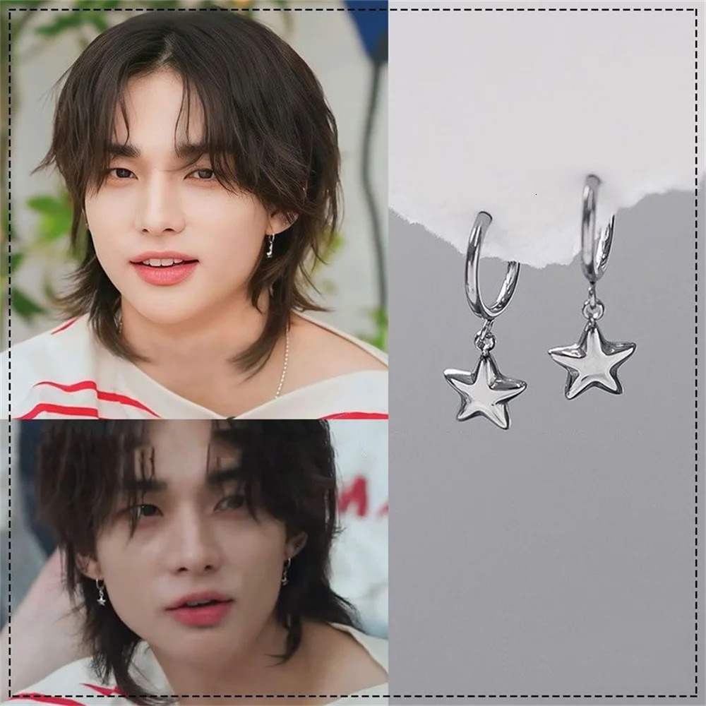 Kpop Hyunjin Ear Clip Star Pendant Earrings Niche n Fashion Personality Stainless Steel Ornament Fans Birthday Gift 251230