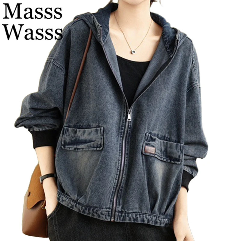 Masss Wasss Punk Spring Vintage Hooded Ladies Denim Jackets Fashion Leisure Classic Outerwear Loose Harajuku Streetwear Clothes 251231