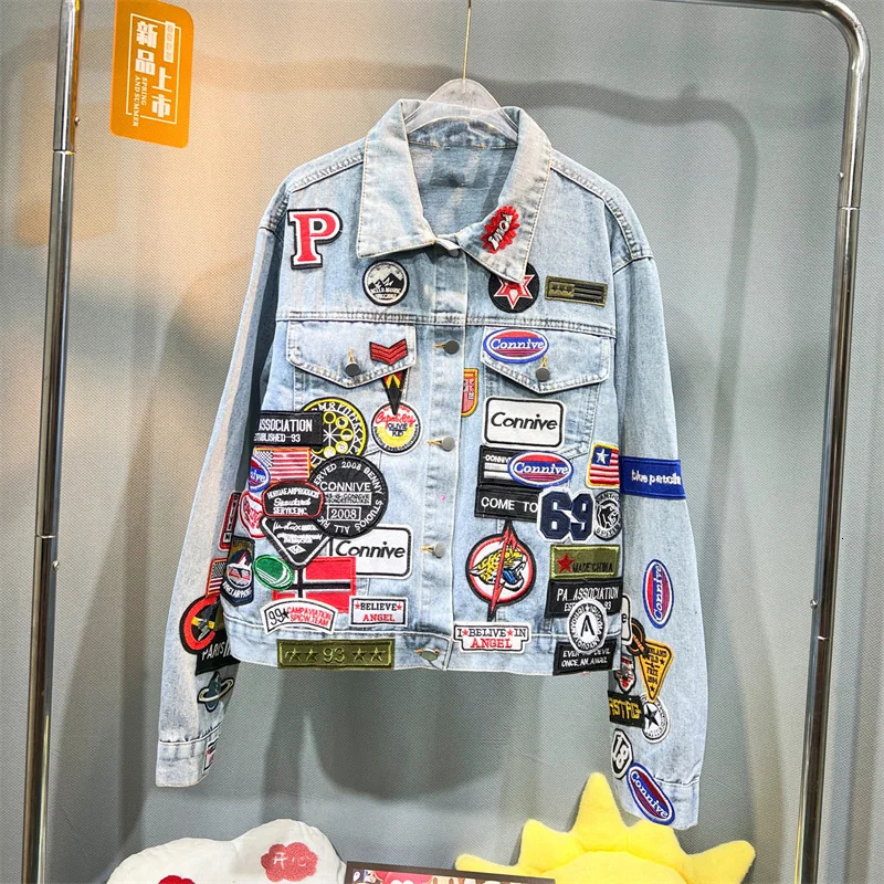 Spring and Autumn Mens ed Denim Jacket Trendy Handsome Slim Fit Badge Jeans Coat 251231