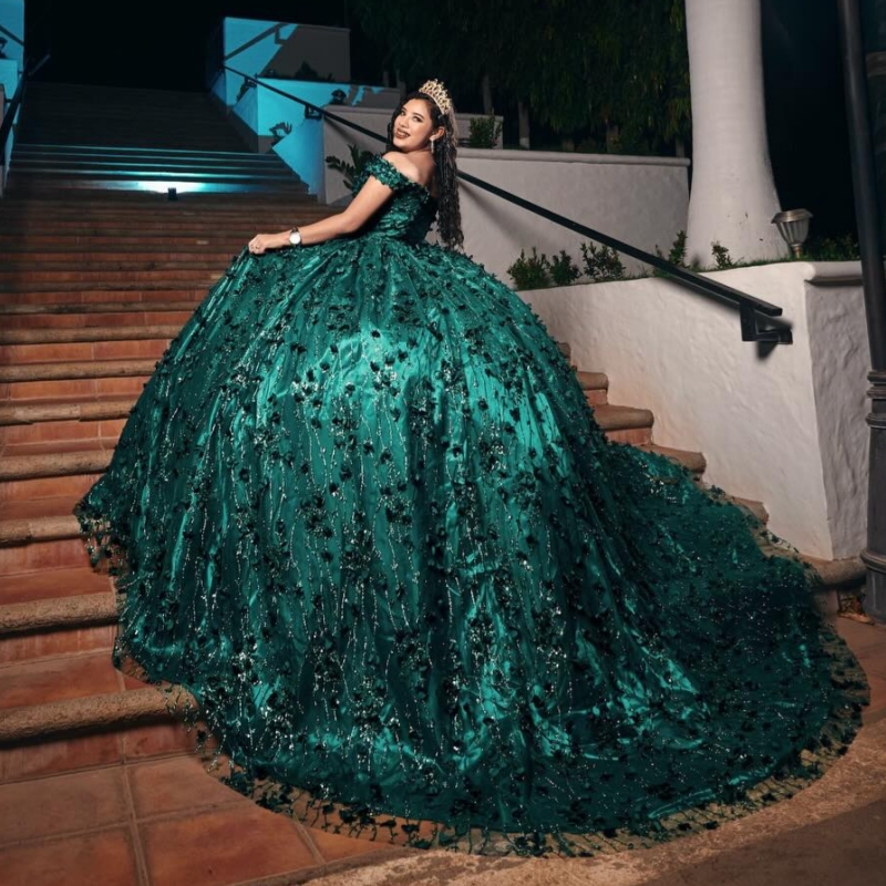 Dark Green Shiny Quinceanera Dresses Off Shoulder Ball Gown Sweet 16 Dress Applique Flower Beading Crystal Tull Birthday Party Vestidos 15 De Anos