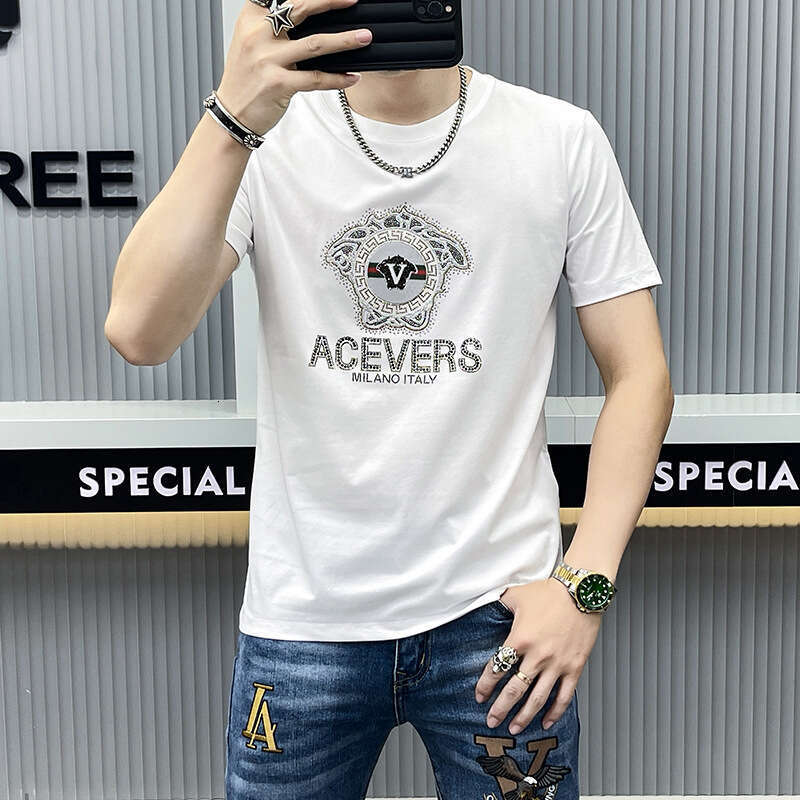 Summer Short Sleeve T-Shirt For Men Trendy Cool Round Neck Rhinestone Luxury High-End Slim Fit Versatile Printed Youth
