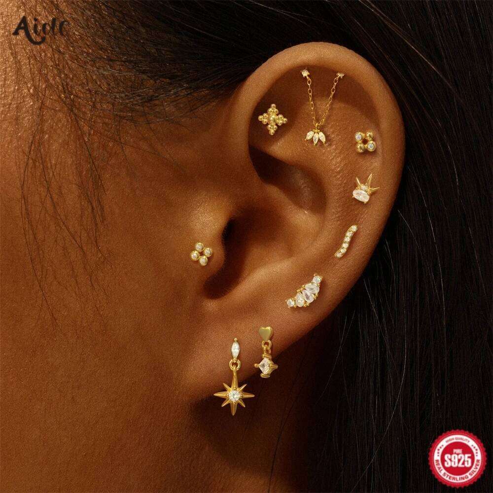 Aide 925 Sterling Silver 1pc Flower Tassel Chain Shiny Zirconia Stud Earrings For Women Hypoallergic Fine Jewelry Pendientes