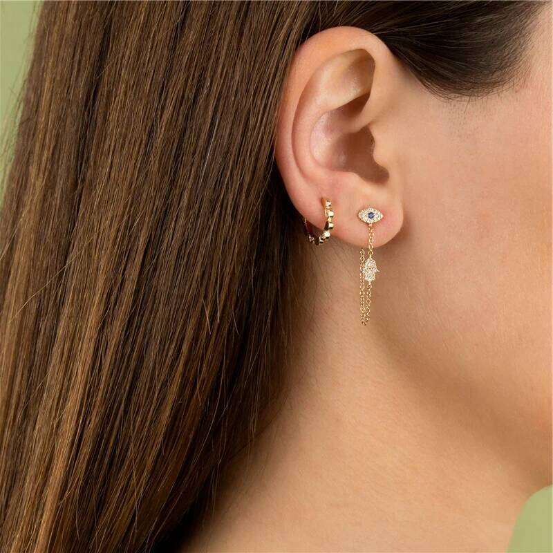 Aide Gold Silver Color Trendy Evil Eye Hamsa Hand Palm Charm Dangle Women Zircon Pave Long Chain Tassel Earrings