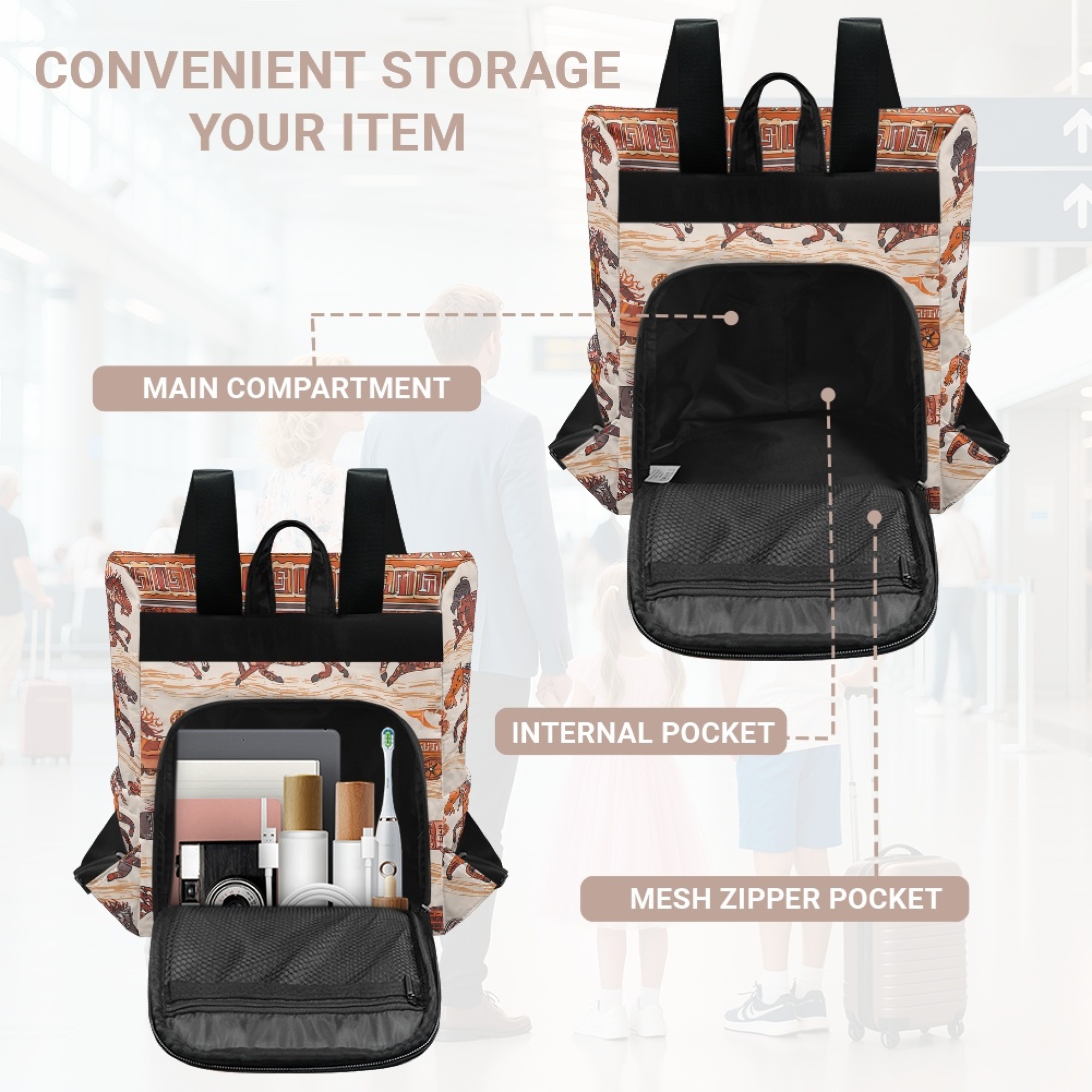 Custom H Designer Fashion Anti Theft Backpack Luxury Horse Pattern Unisex Full Print Backpack Laptop Bag Travel Bag H33