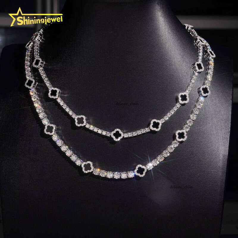 VVS Moissanite In Stock 3mm 5mm Black Onyx Clover Necklace Bracelet Tennis Chain Chalcedony 925 Sterling Silver