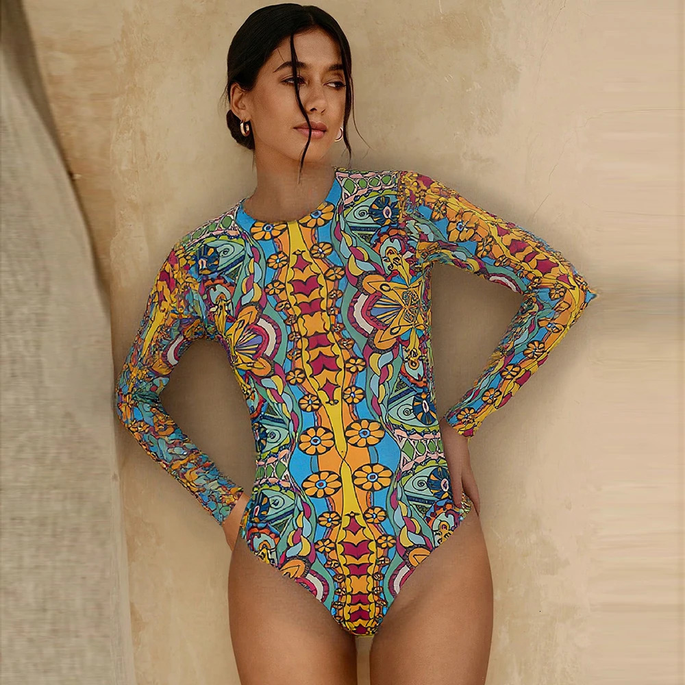 Long Sleeve Sheer Sun Protection OnePiece Set Swimsuit Women Sexy Rash Guard Swimwear Bodysuit Beachwear With Coverup 251231