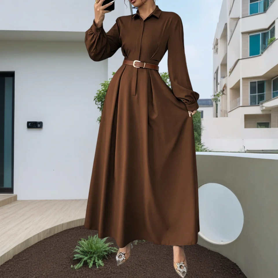 Womens Elegant Long Lantern Sleeve Office Dress Fashion Pleated ALine Maxi Dresses Autumn Casual Shirt Vestidos 251231