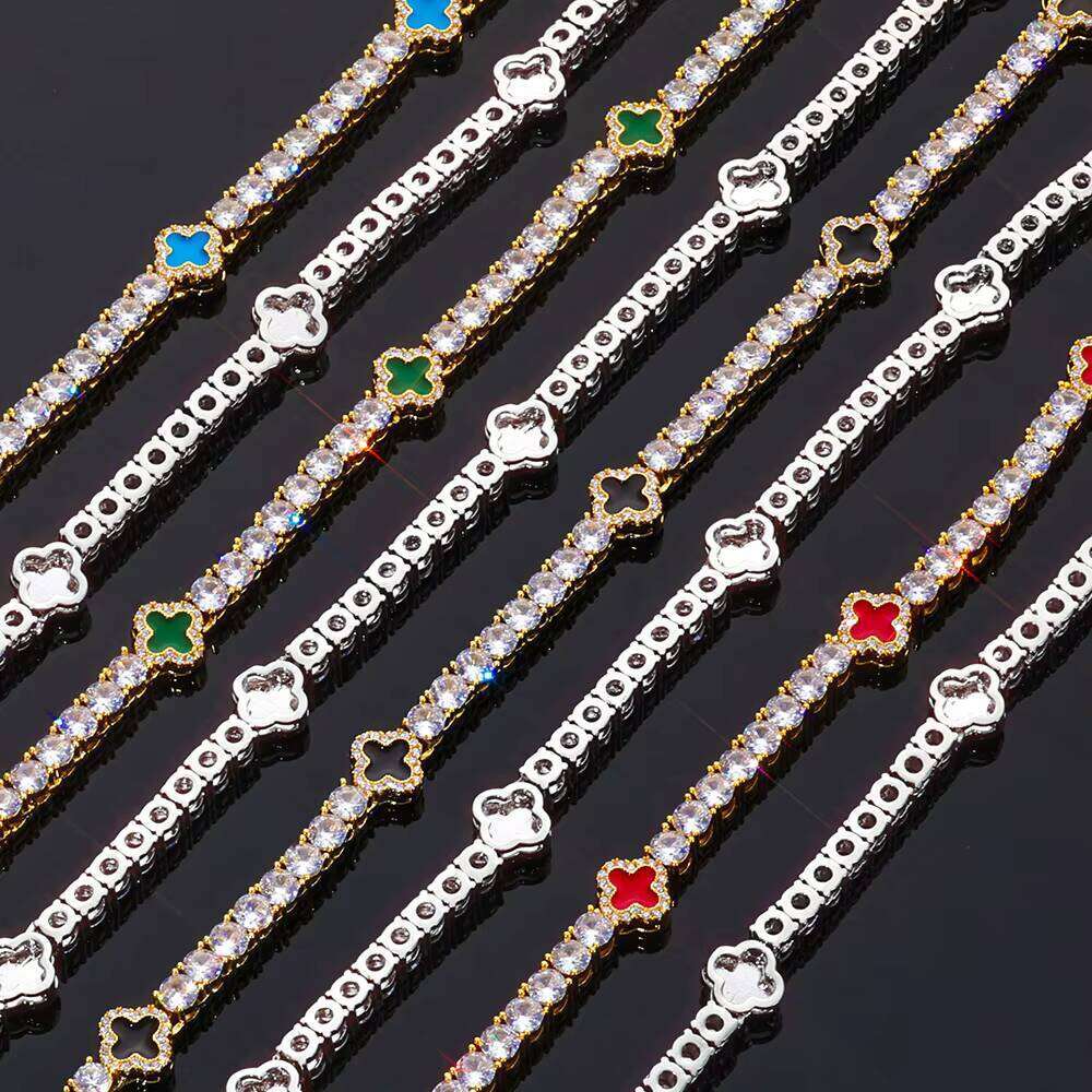 VVS Moissanite NUOYA Fine Hiphop Jewelry Women Choker Iced Out CZ Tennis Chain Four Leaf Clover Design Gold Plated Bracelet