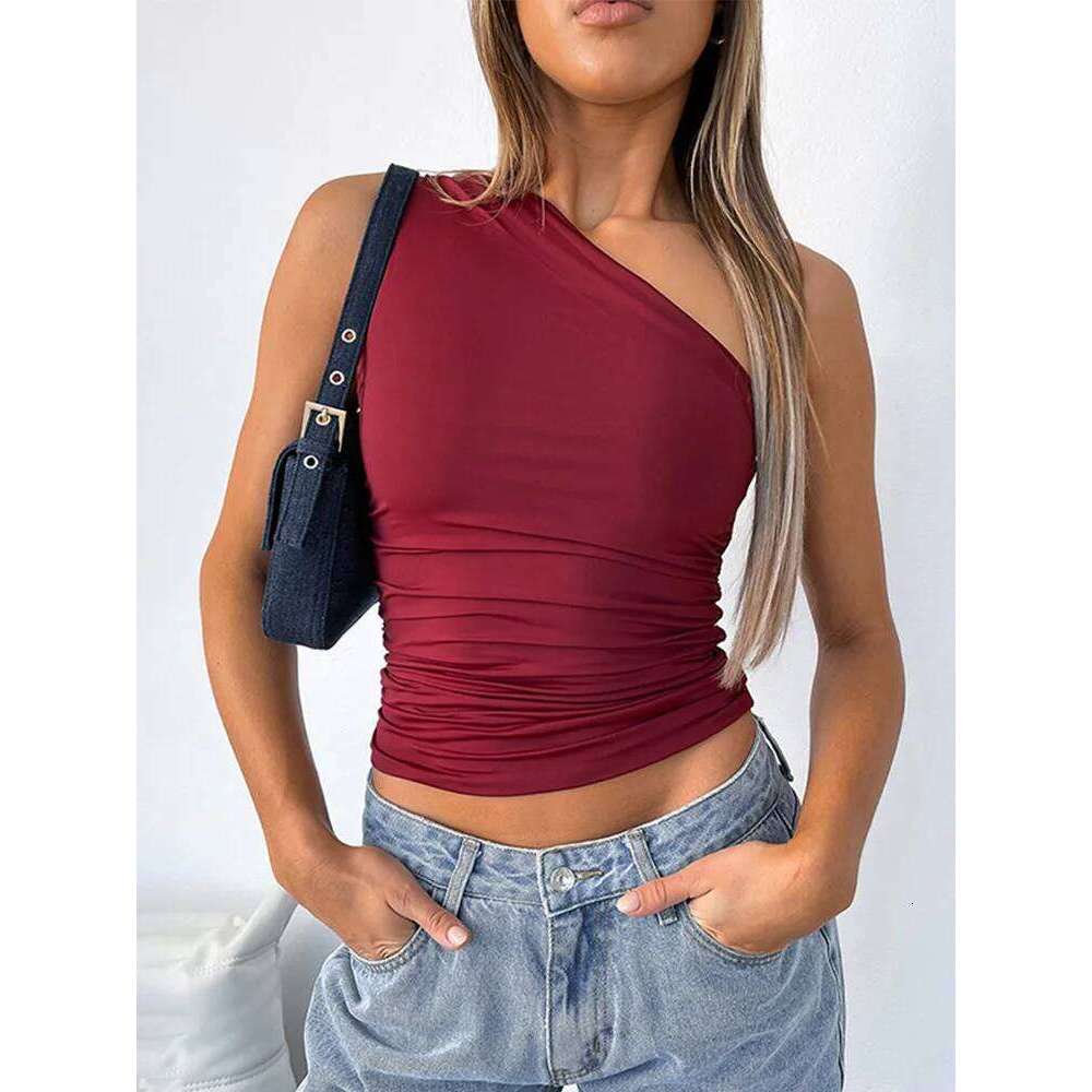 Solid One Shoulder Backless Shrink Tank T-Shirt Candy Color Tight Sexy Sleeveless Neckless Slim Casaul Top