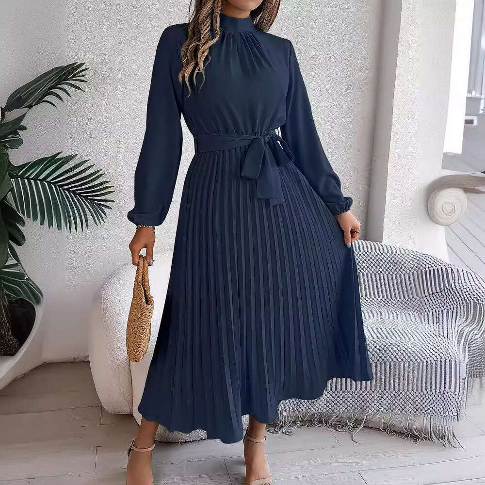 2026 European and American Autumn Winter Elegant Stand Collar Sleeve Waist Pleated Long Dress Small Gown Cross-Border Women's Fashion