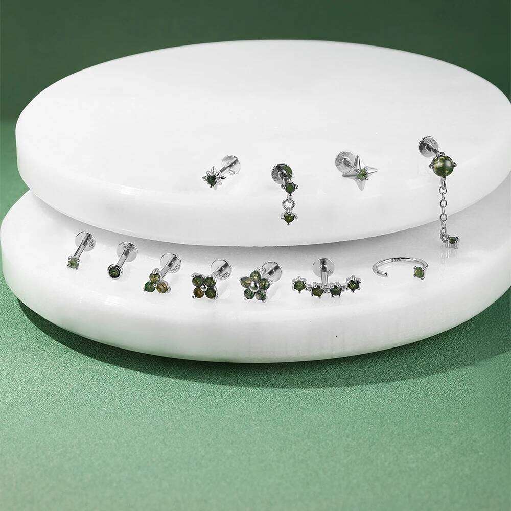 Aide 1PC Natural Water Grass Agate 925 Sterling Silver Flat Head Thread Puncture Green Moss Piercing Ear Bone Earring