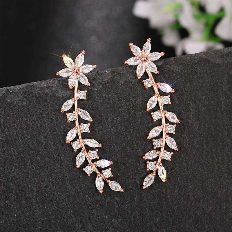 Huitan Aesthetic Flower Stud Climb Earrings Exquisite Women's Ear Accessories with Dazzling CZ New Fashion Jewelry