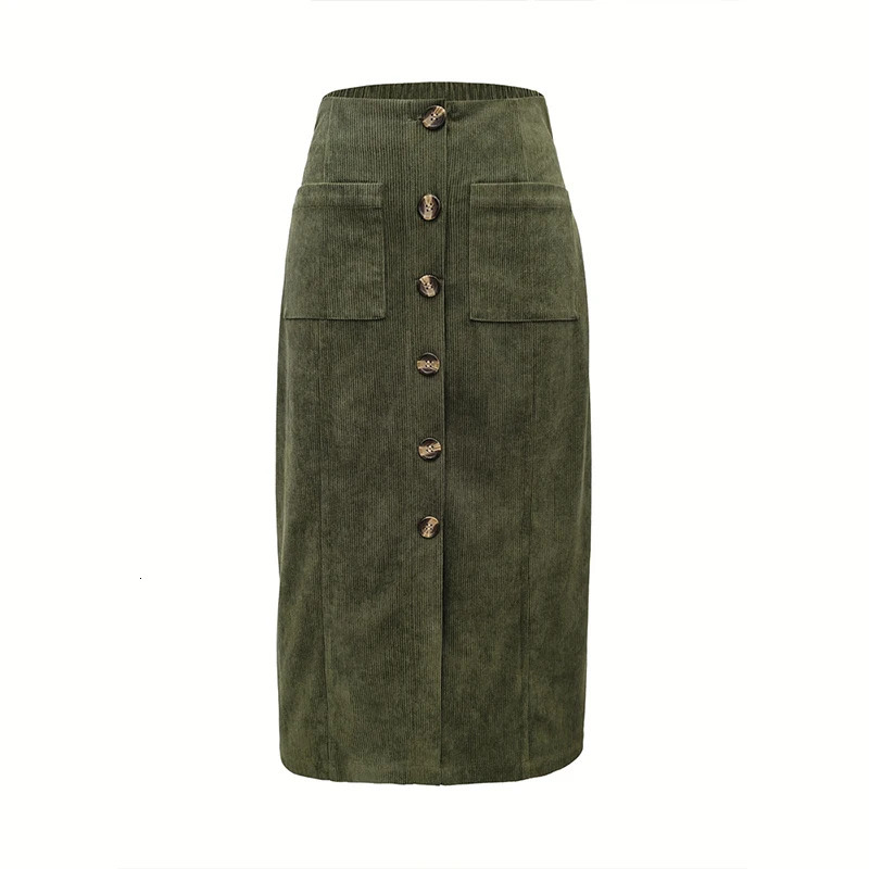 Vintage Green High Waist Midi Skirt Women Button Up Pocket ALine Long Skirts Autumn Winter Ladies Casual Streetwear Jupe Femme 251231