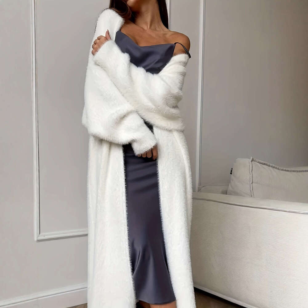 Cross-Border Imitation Mink Velvet White Knitted Coat Women, Loose Plush Fluffy Long Cardigan for Autumn and Winter