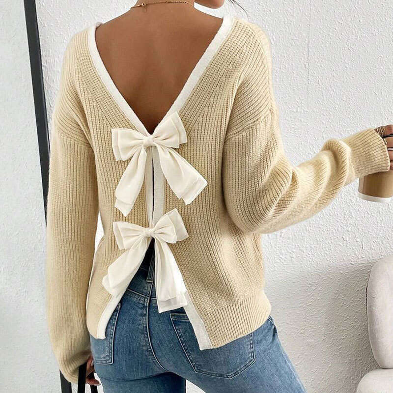 European And American Autumn Winter New For Women Fashion Back Bow Decoration Round Neck Pullover Knitted Sweater Luanyun
