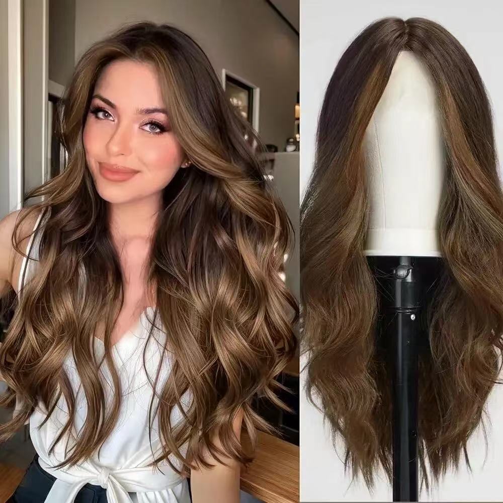 European American Cross Border E commerce Brown Straight Bangs Wavy Curls Matte Synthetic Fiber Wig High Temperature Resistant Silk Wig Ready to Wear 