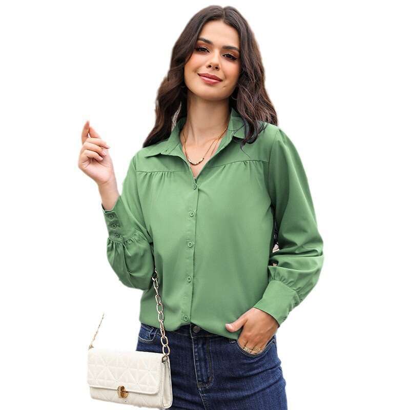 2026 Cross-Border Trade Button-Up Top Lantern Pleated Solid Color Stand Collar Loose Long Sleeve Women's Shirt