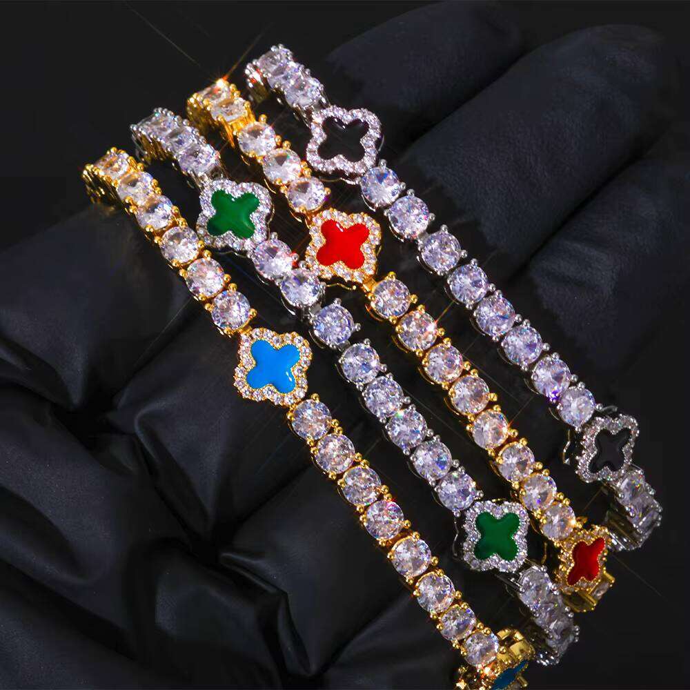VVS Moissanite NUOYA Fine Hiphop Jewelry Women Choker Iced Out CZ Tennis Chain Four Leaf Clover Design Gold Plated Bracelet