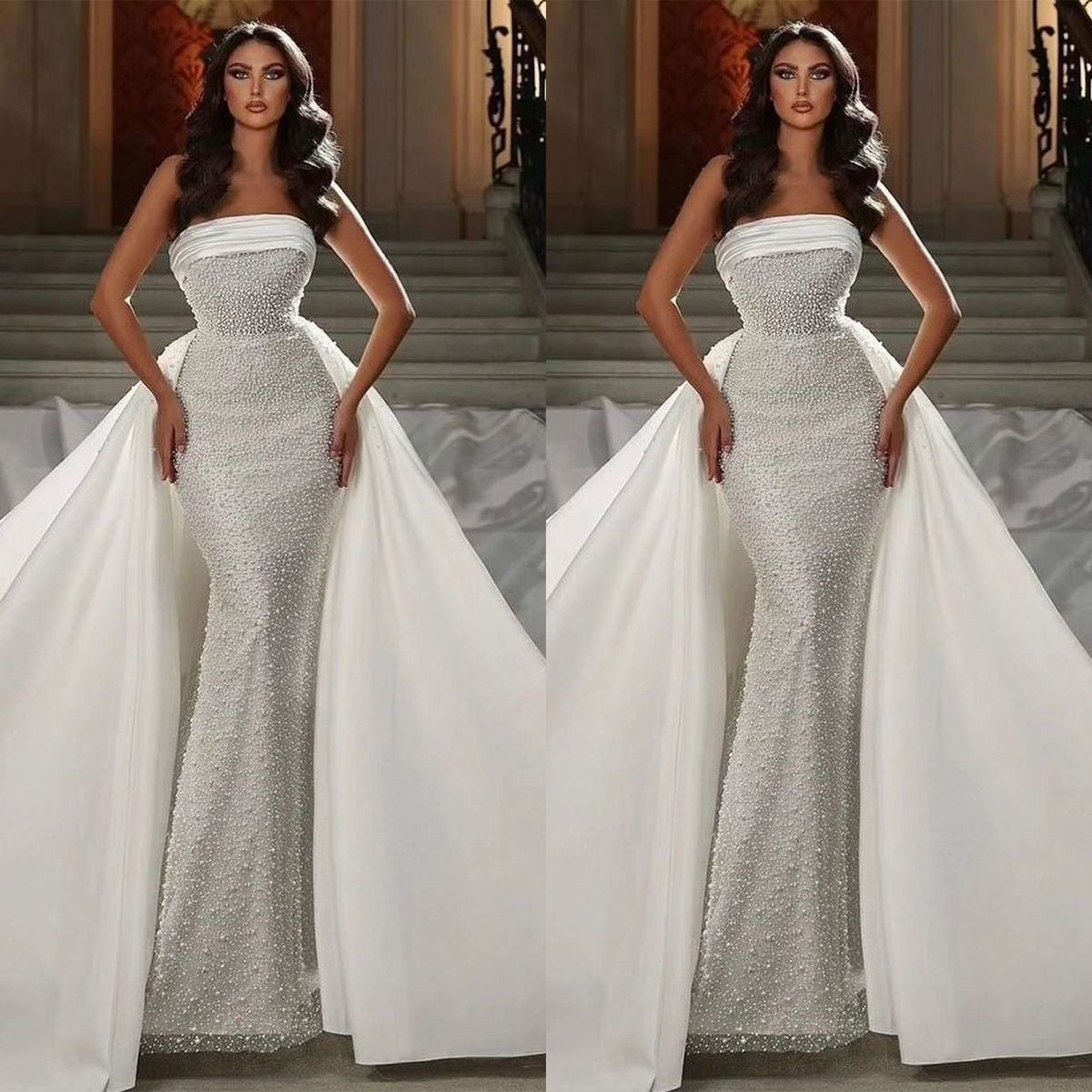 Luxury Pearl Mermaid Wedding Dresses With Detachable Satin Train Strapless Bridal Gowns Elegant Bride Dresses 4J03