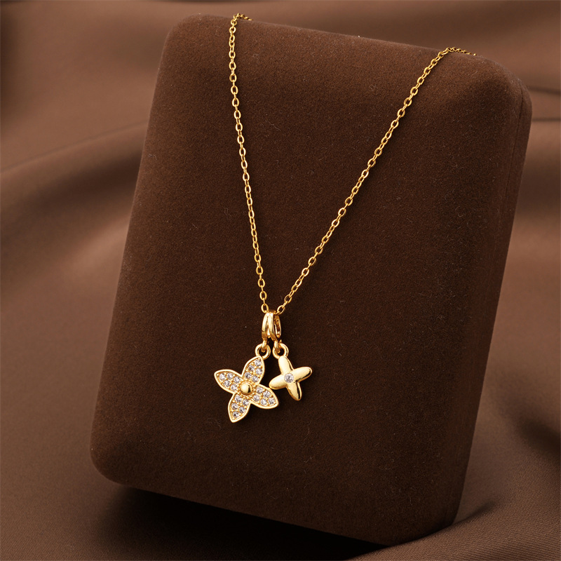 Luxury Brand Designer Jewelry Fashion Micro-Inlaid Double Four-Leaf Flower Pendant Titanium Steel Necklace For Women Real Gold Plating Color Retention