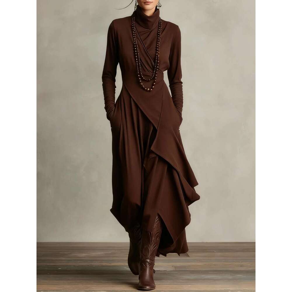 2026 European Size Women's Clothing Autumn Solid Color Sleeve Cross High Neck Long Dress
