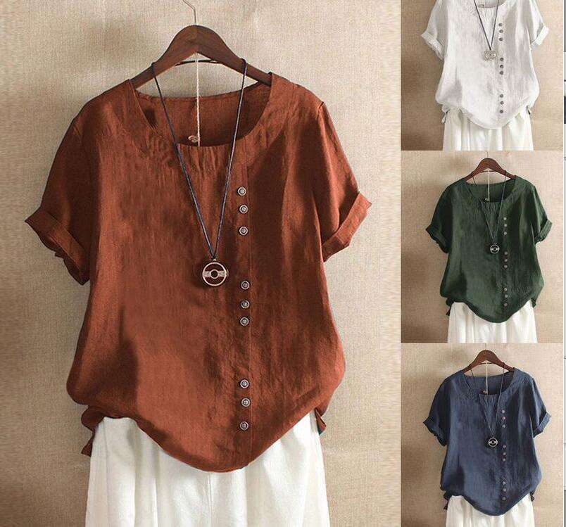 2026 Summer Retro Solid Color Top Plus Size Casual Loose Button Cotton Linen Short Sleeve Pullover Round Neck T-Shirt Women's Clothing