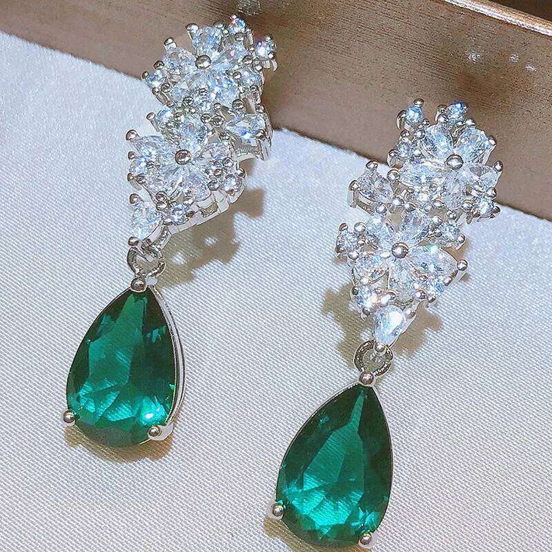 Huitan Gorgeous Flower Dangle with Waterdrop Green Cubic Zircon Luxury Wedding Bridal Earrings Trendy Jewelry for Women