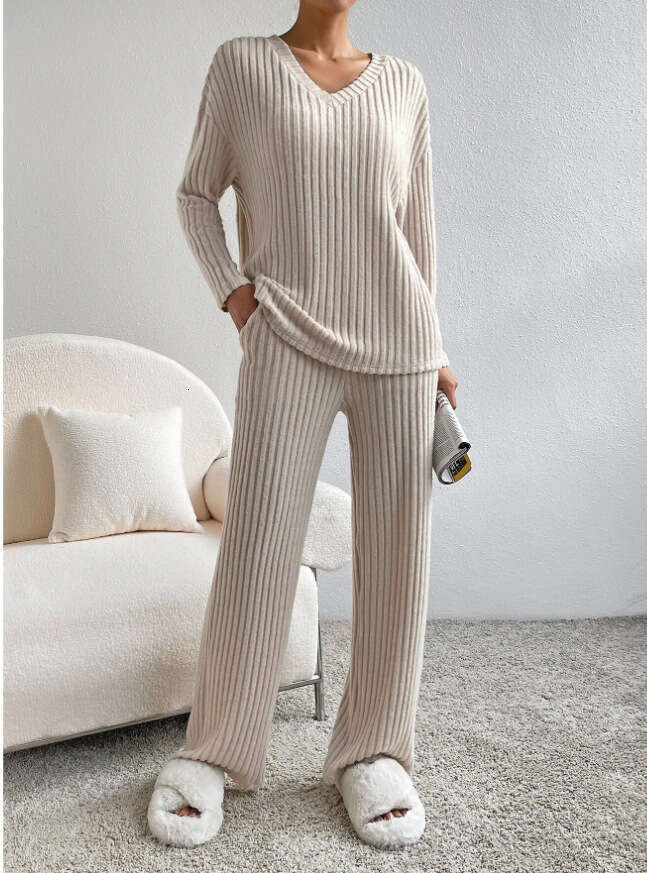 Cross-Border Two-Piece for Women 2026 Autumn New Fashion Casual Straight-Leg Pants Elegant Loose V-Neck Ribbed Knit Set