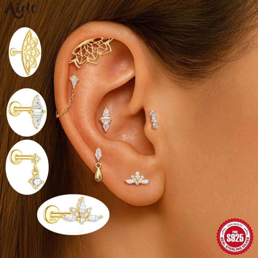 Aide 925 Sterling Silver Hollow Lotus Earrings CZ Paved Top Threaded Labret Ear Stud Tragus Lip Ring Body Piercing Jewelry