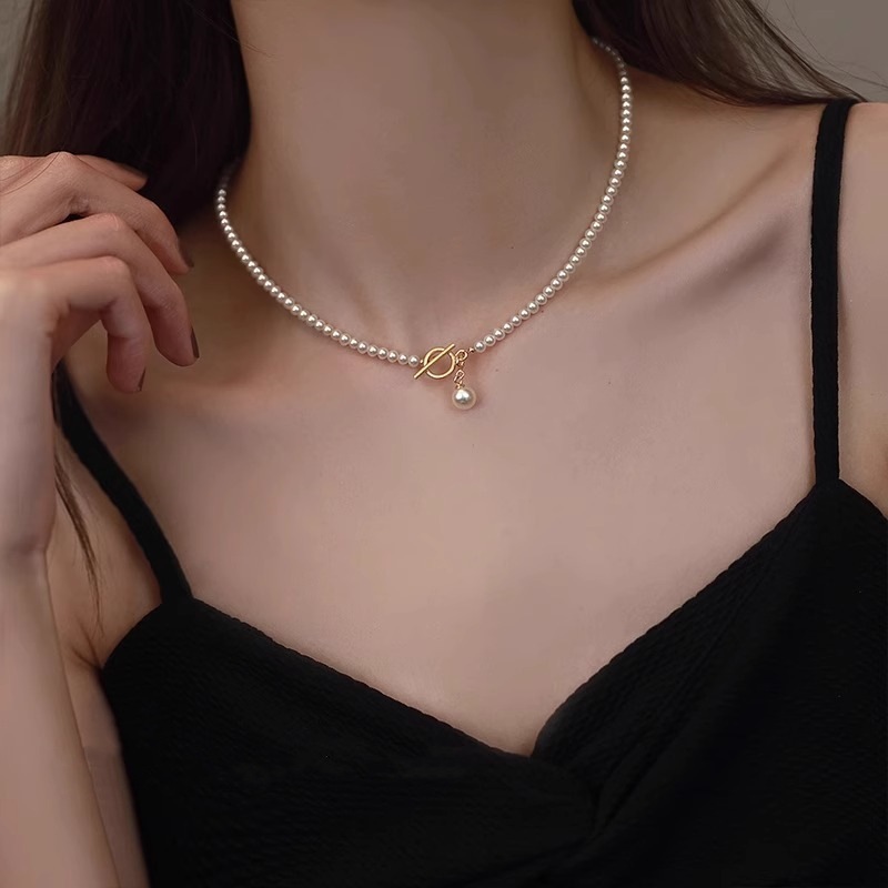 Luxury Brand Designer Jewelry Shijia Ultra-Fine Pearl OT Buckle Necklace For Women, Light Luxury Niche High-Gloss Glass Imitation Pearl Clavicle Chain