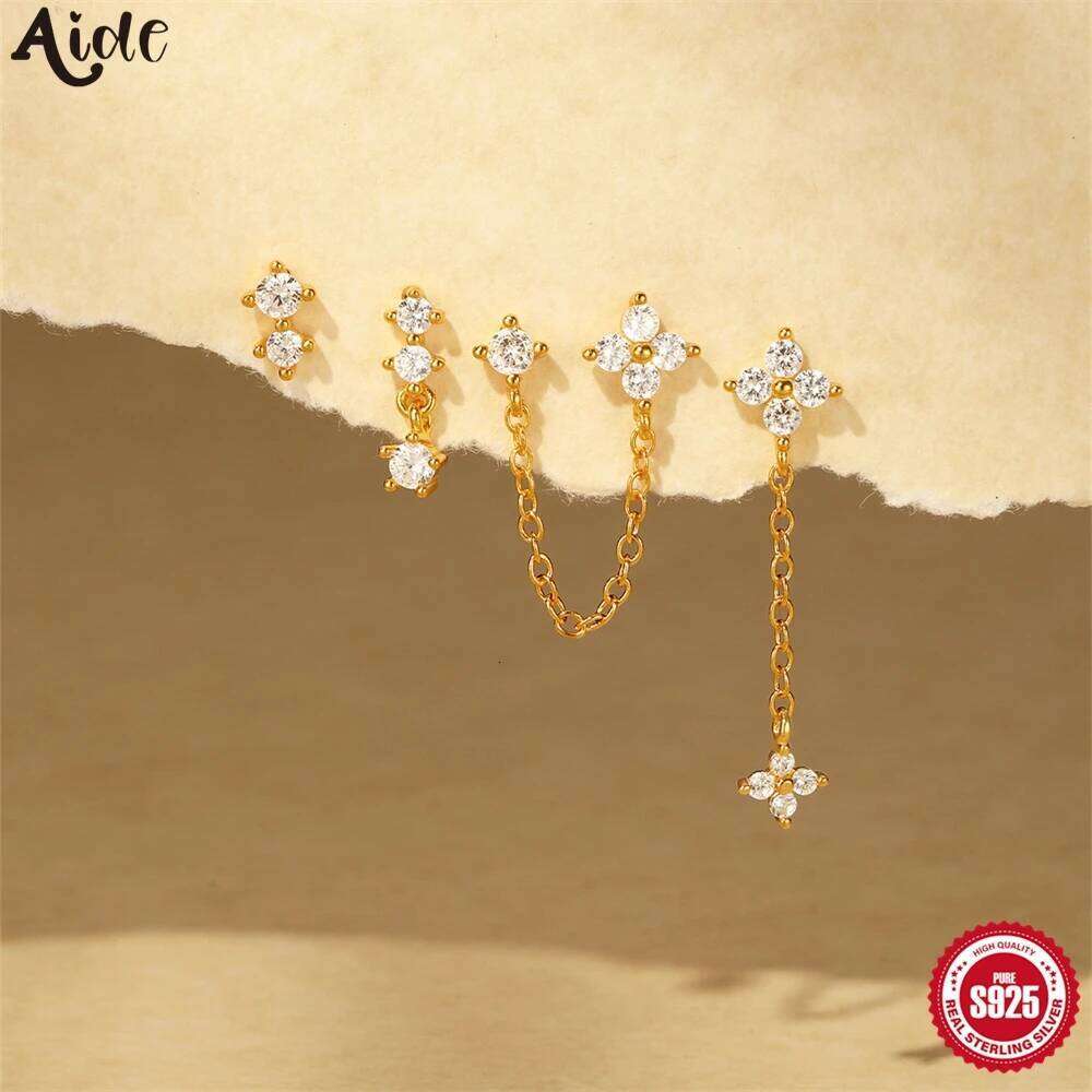 Aide 925 Sterling Silver 4pcs Flower Zircon Stud For Women Chains Double Ear Studs Light Luxury Earring New Year Jewelry